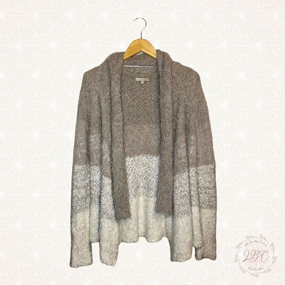 Joan Vass Boucle Cozy Waterfall Cardigan Sweater Ombré Stripe Neutral Medium